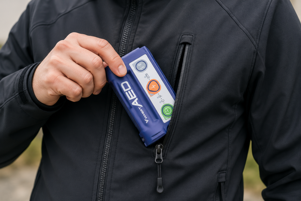 ViVest Pocket AED P3 vytahovaný z kapsy bundy