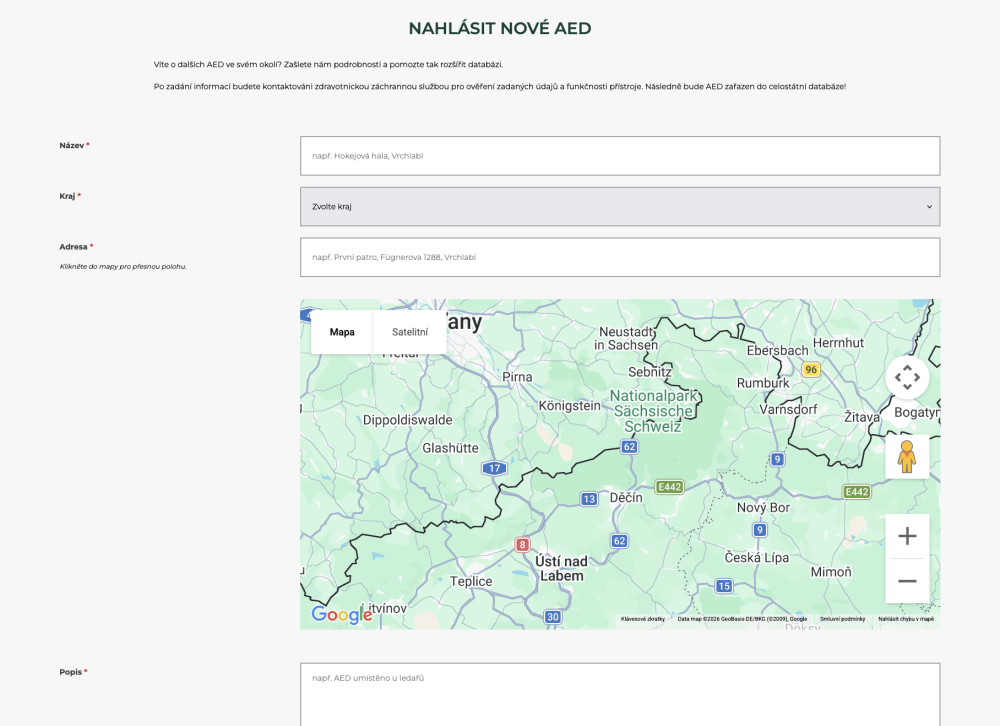 Náhled registračního formuláře pro AED v databázi aplikace Záchranka