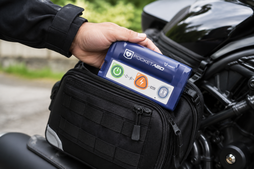 Kapesní AED ViVest P3 vytahovaný z brašny na motorce
